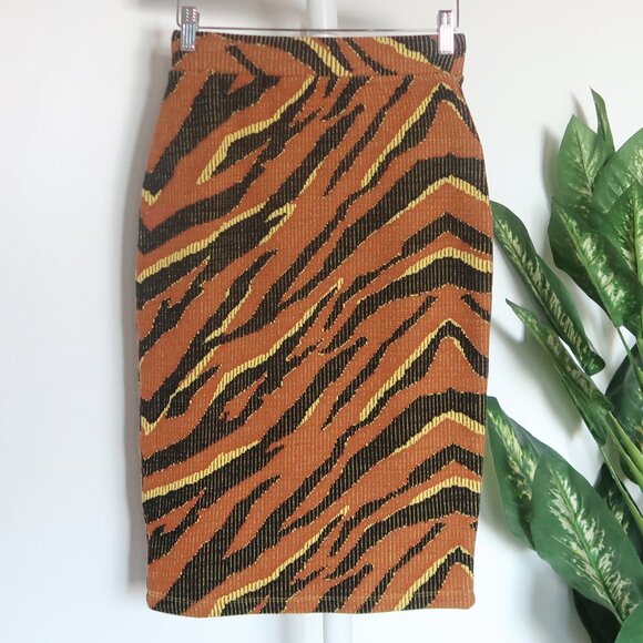 Free People Knit Tiger Stripe Midi Skirt Rusty Brown Yellow Stretch Bodycon XS - Picture 2 of 8